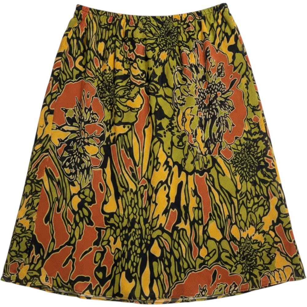 Vintage Midi Skirt Womens 24W Multicolor Abstract Floral Elastic Waist Boho 90s